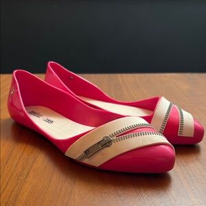 Melissa X Karl Lagerfeld Pink Jelly Zipper Ballet Flats, size 5